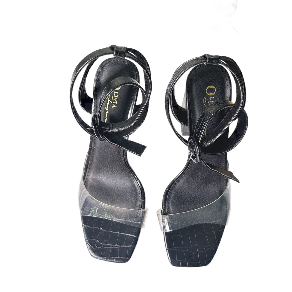 Olivia Ferguson Black Crocodile Block Heels with clear toe straps size 10 - Picture 3 of 10